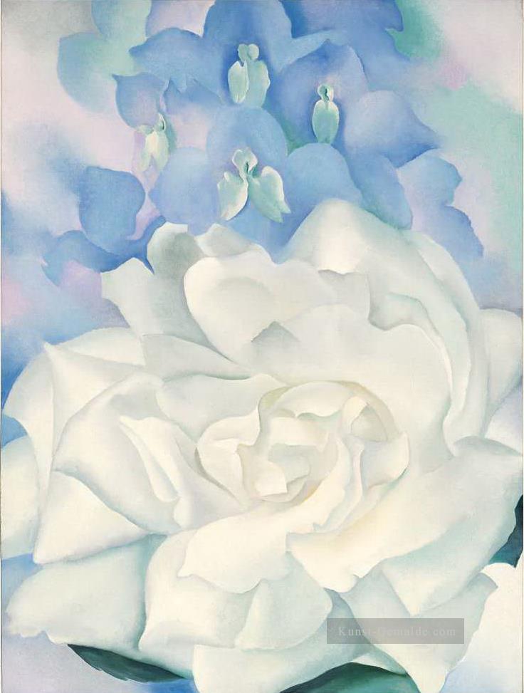 Weiße Rose mit Larkspur No2 Georgia Okeeffe Blumenschmuck Ölgemälde